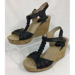 Sperry Womens SZ 6 Leather Black Cork Wedge Platform Sandals